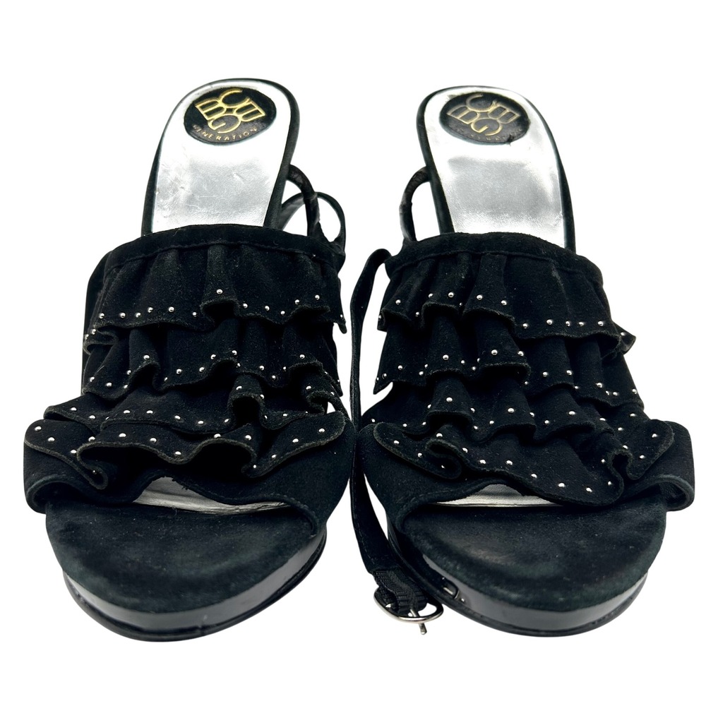 BCBGeneration Black Suede Ruffle Studded Heels Ankle Strap Party Shoes Size‎ 8.5